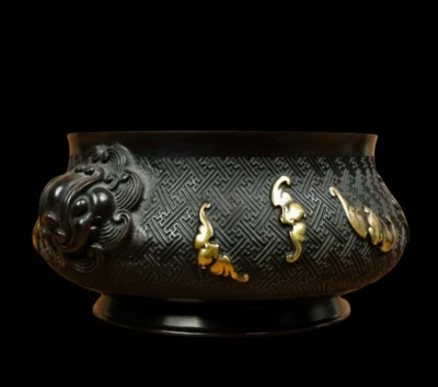 Xuande Signed Old Chinese Red Copper Handmade Incense Burner w/bat N3841