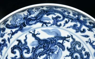 34CM Xuande Signed Old Chinese Blue and White Dish Plate W/dragon N3080
