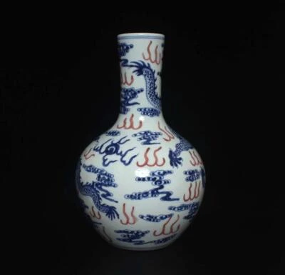 28CM Kangxi Signed Old Chinese Blue and White Vase W/dragon