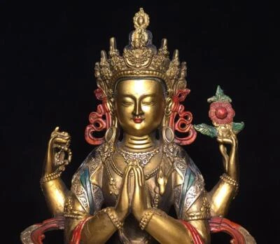 30CM Chinese Old Bronze Color Gilding Statue Buddha Q682