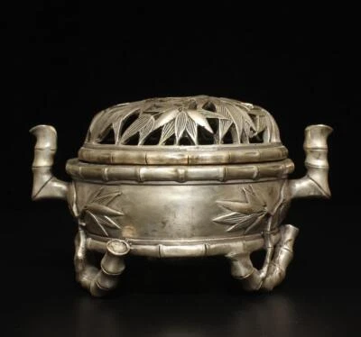 Qianlong Signed Old Chinese Tibet Silver Incense Burner w/bamboo
