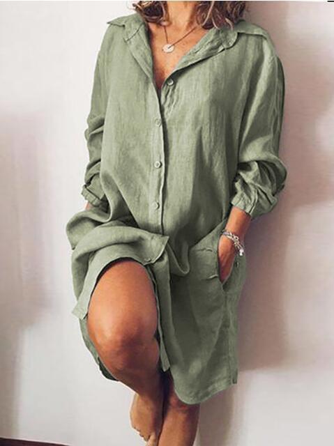 Women casual pocket long sleeve long shirts dress