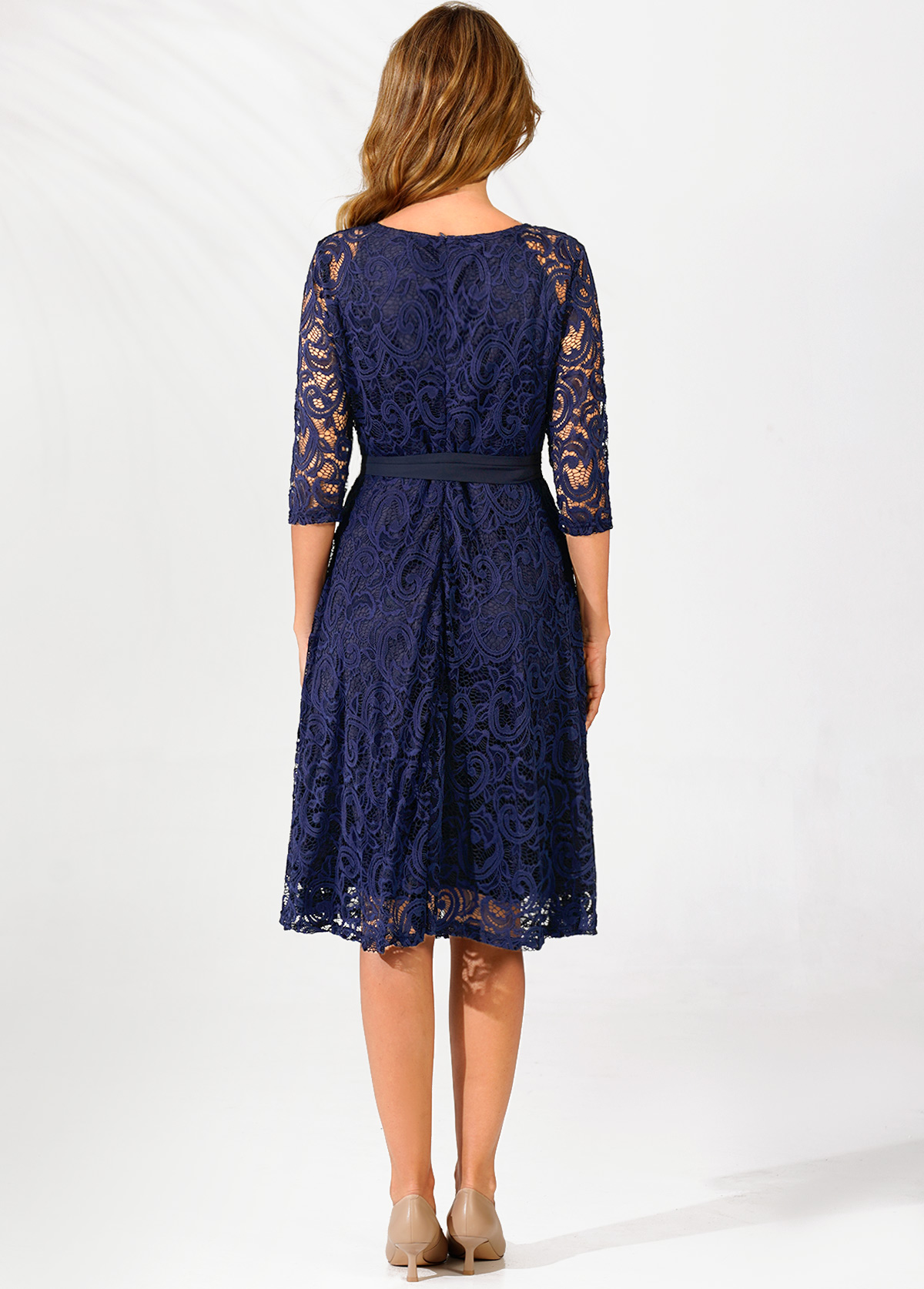 Navy Blue Belted Lace 3/4 Sleeve Dress