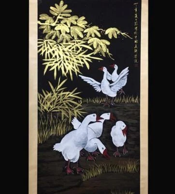 Xu Beihong Signed Chinese Hand Painted Calligraphy Scroll w/goose N2705