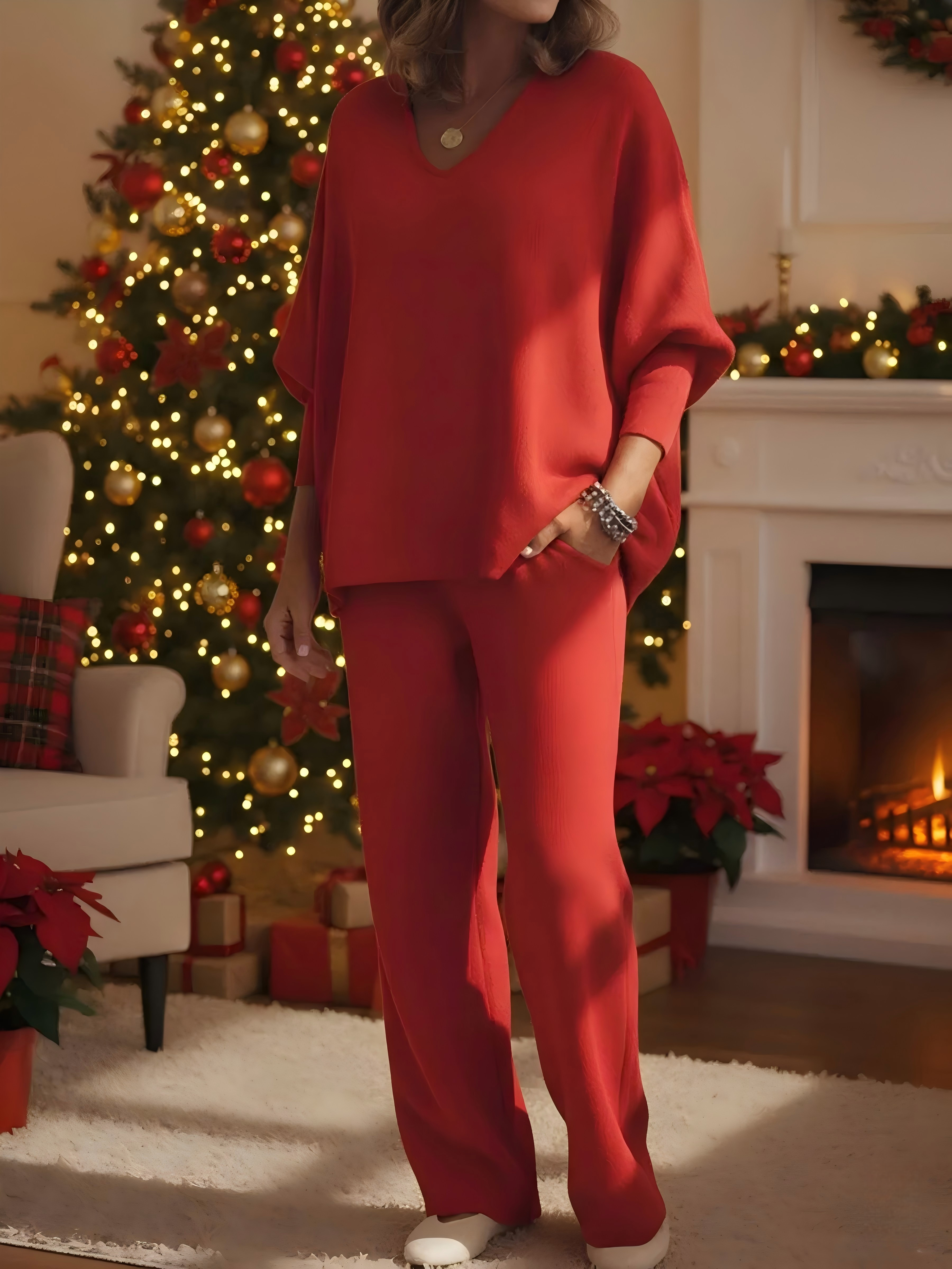 🌲 SALE🔥 Women's Cozy Solid Color V-neck Knit Top And Pants Two-piece Set