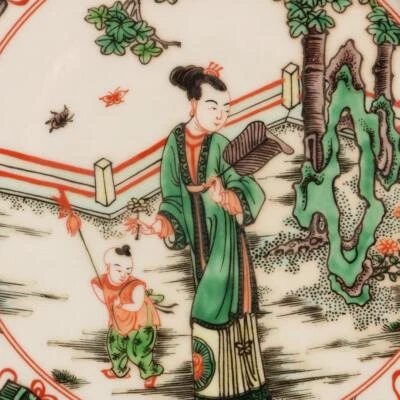 Old Kangxi Signed Chinese Wucai Brush Washer W/lady N1479