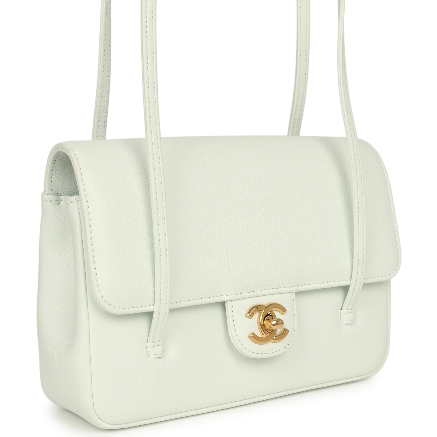 CHANEL Small Preppy Coco Flap Bag Light Blue Shiny Caviar Brushed Gold Hardware