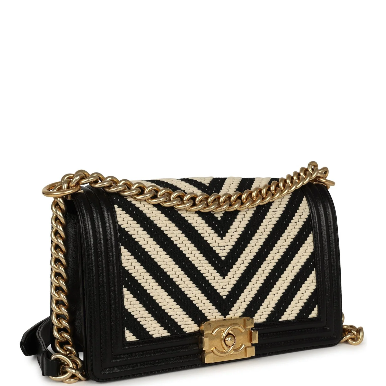 CHANEL Medium Braided Chevron Boy Bag Black & White Fabric, Black Calfskin Antique Gold Hardware