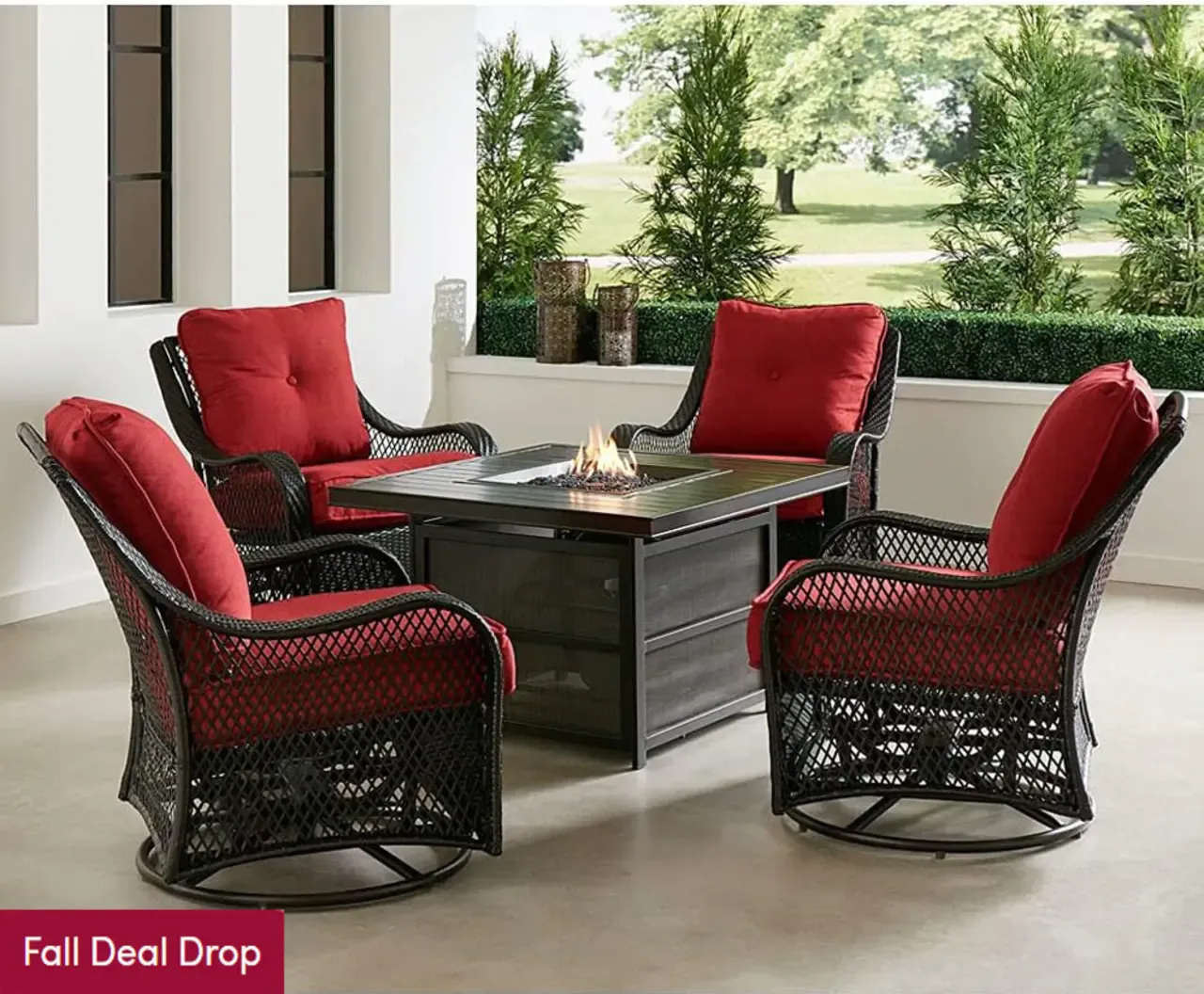 💥Clearance Sale🔥5-Piece Steel Patio Fire Pit Conversation Set with Navy Blue Cushions, Swivel Gliders and Square Fire Pit Table