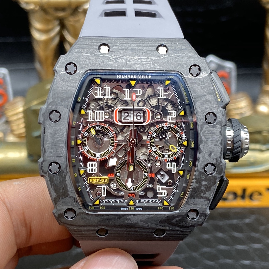【7A Quality】Swiss Richard Mille RM 11 Replica – 49mm Carbon Case, Skeleton Dial, Grey Rubber Strap