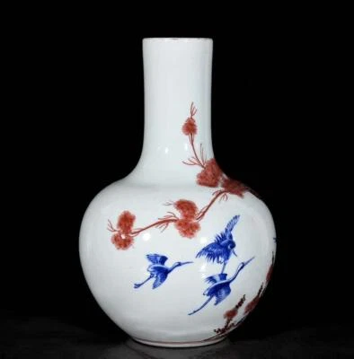 34CM Kangxi Signed Old Chinese Blue&White Underglaze Red Vase W/crane N3543