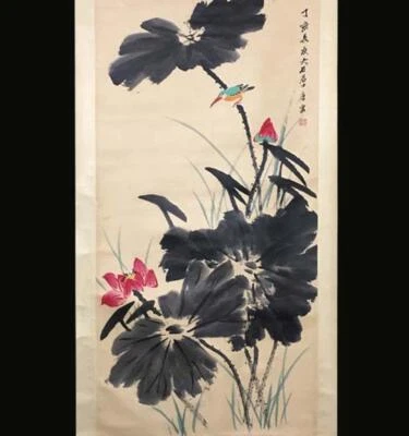 Tang Yun Signed Chinese Hand Painted Calligraphy Scroll w/louts flower N2267