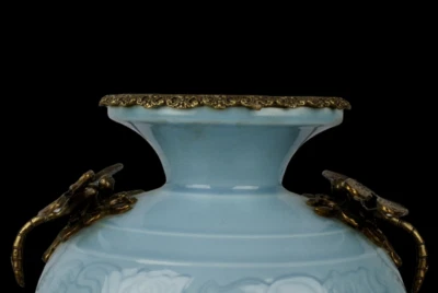 31CM Qianlong Signed Old Chinese Pink Blue Glaze Zun Vase w/dragonfly N4001