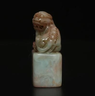 Signed Old Chinese Shoushan Stone Seal Stamp Statue w/ lion 39g