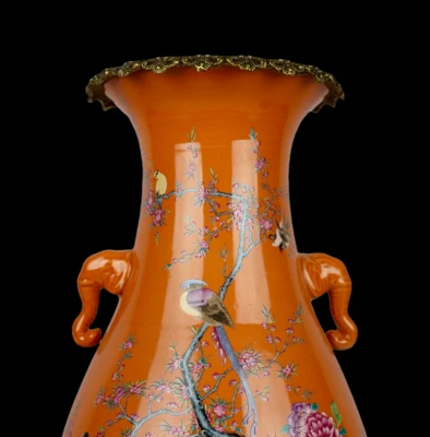 47CM Yongzheng Signed Old Chinese Famille Rose Vase w/bird N4051