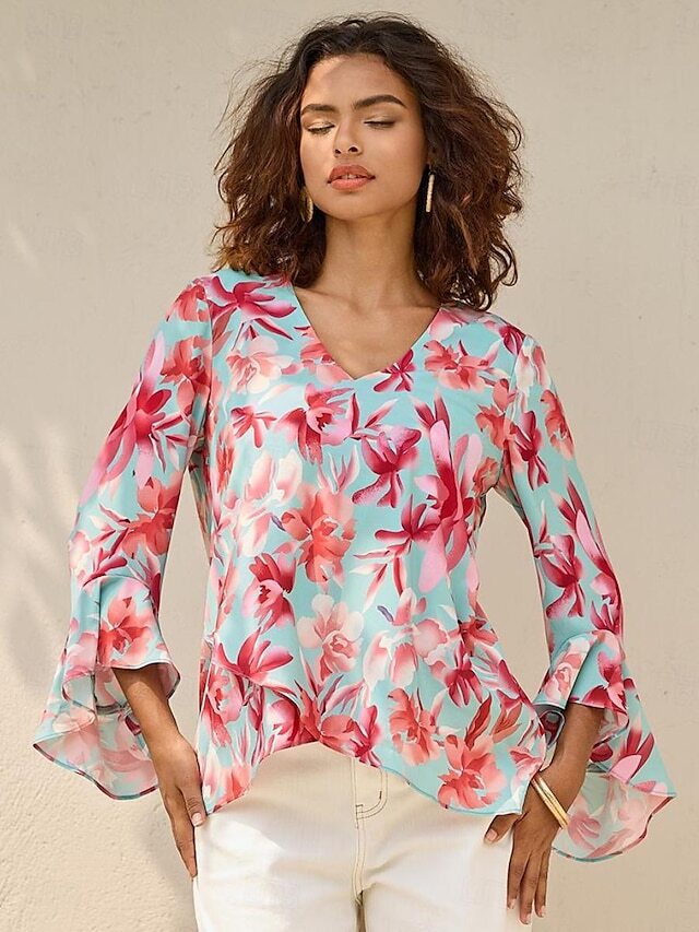 Women's Blouse Chiffon Floral Asymmetric Vacation Stylish Bell Sleeve 3/4 Length Sleeve V Neck Light Green Spring & Fall