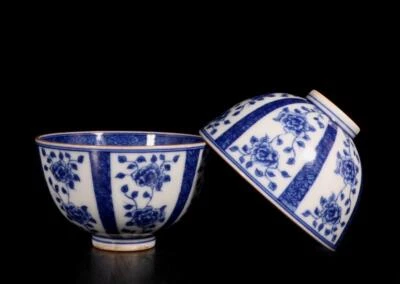 Pair Yongzheng Signed Old Chinese Blue&White Cup W/flower  N1532