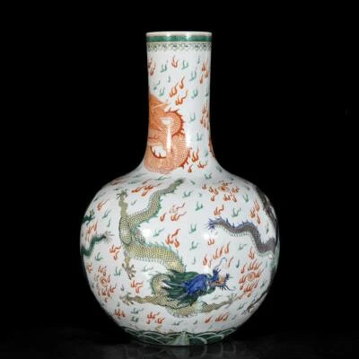 44CM Kangxi Signed Old Chinese Wucai Vase W/dragon N3445