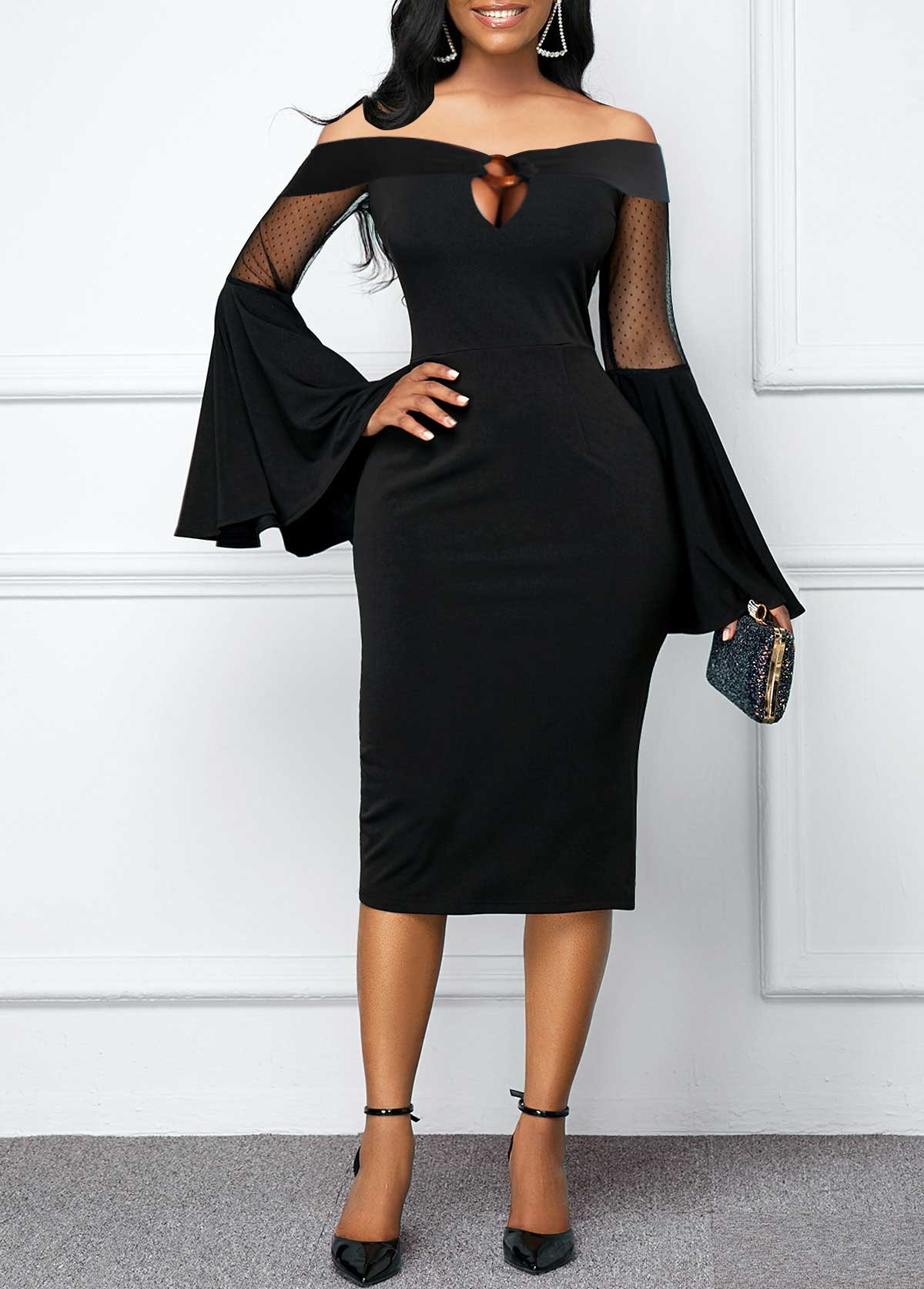 Off Shoulder Flare Sleeve Black Mesh Dress