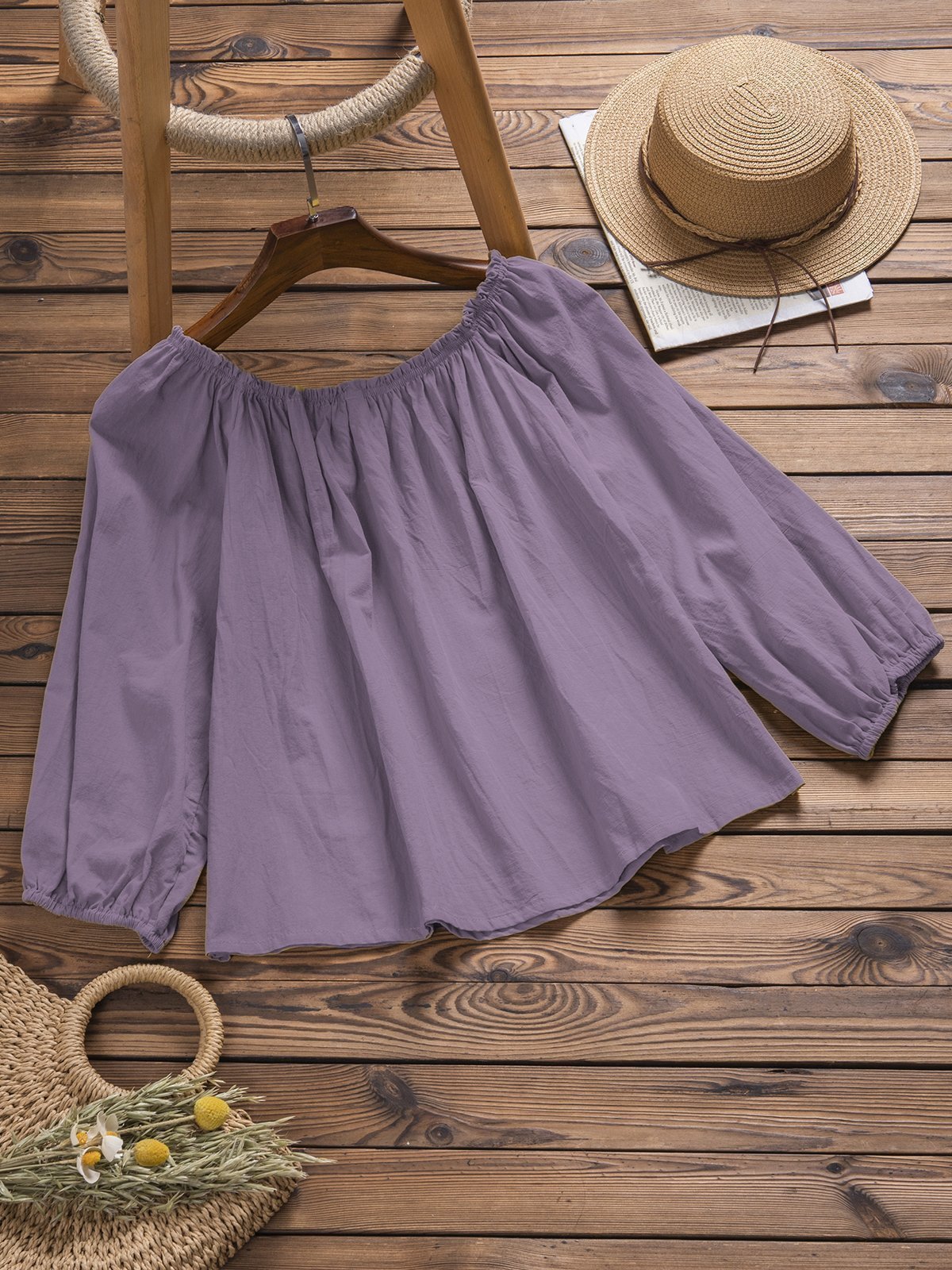 Casual Off Shoulder Long Sleeve Solid Shirts & Tops