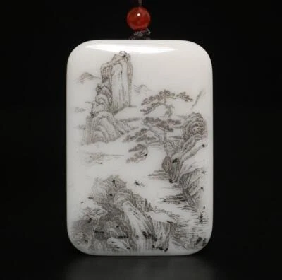 59G Chinese Carved Nephrite Jade Pendant w/landscape and Buddha