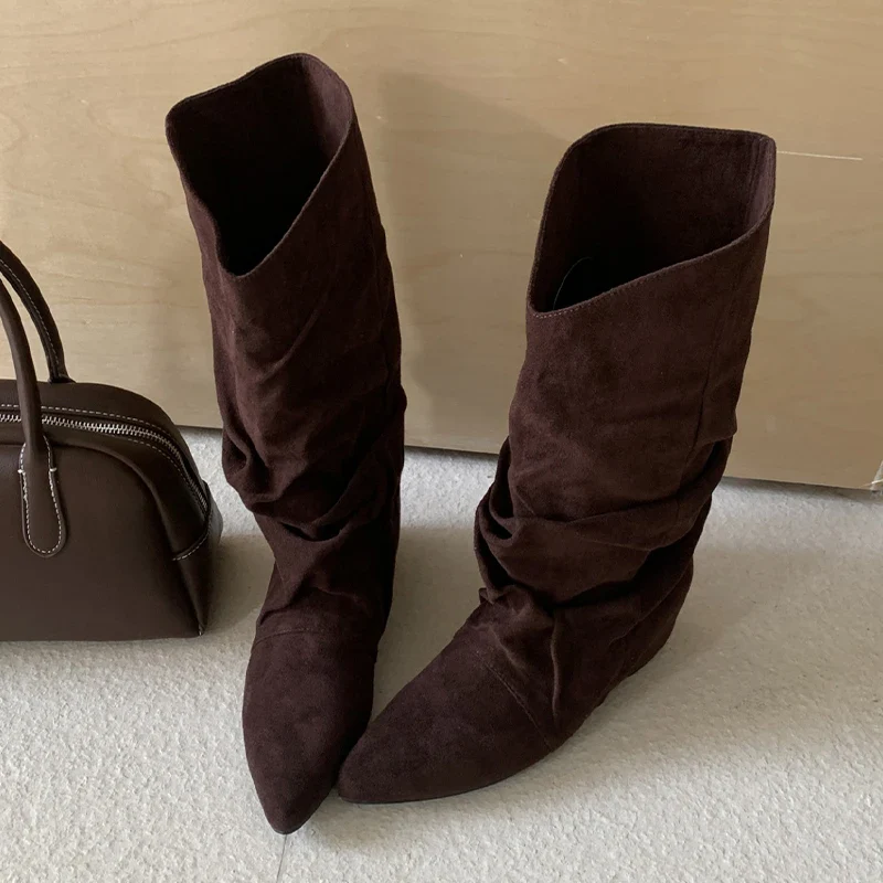 Flats Women High Boots Suede Pointed Toe Designer Shoes Winter Luxury Dress