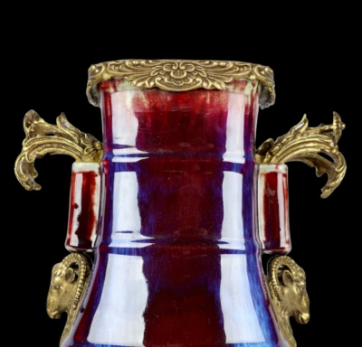 45CM Yongzheng Signed Old Chinese Jun Kiln Yaobian Glaze Vase w/sheep N4049