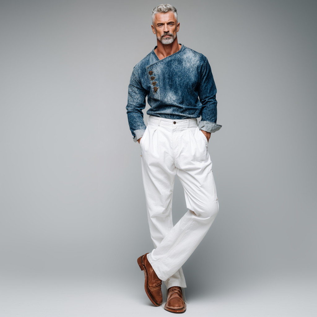 Men's Washed Denim Asymmetrical Button Placket Long Sleeve Denim Shirt