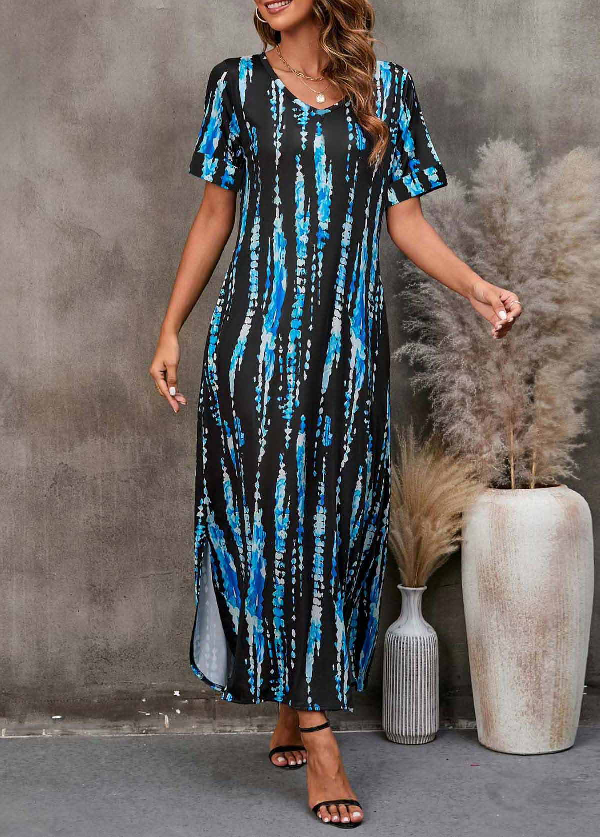 Blue Striped Double Side Pockets V Neck Dress