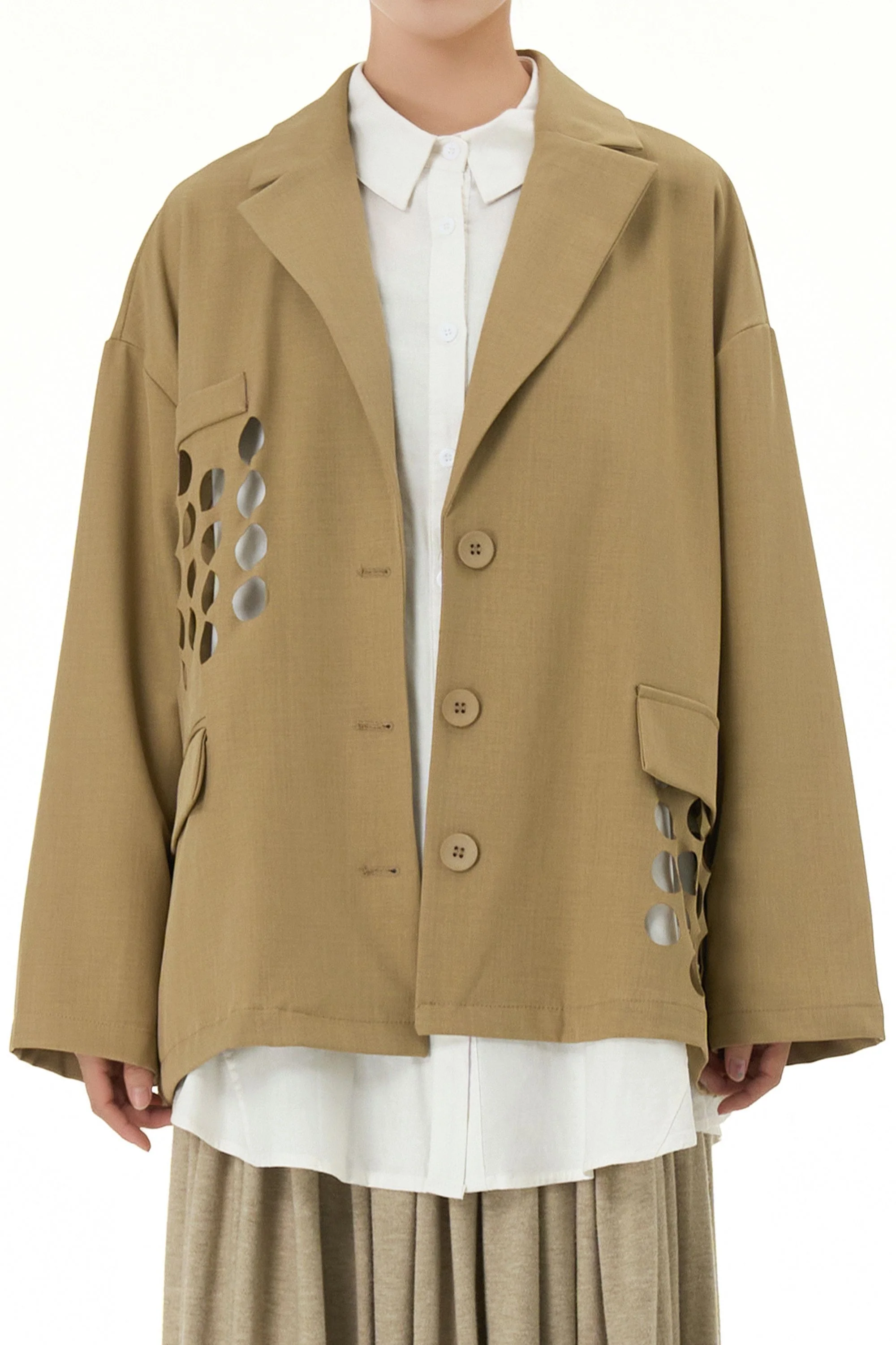 Khaki Blazer With Circle Cut Work
