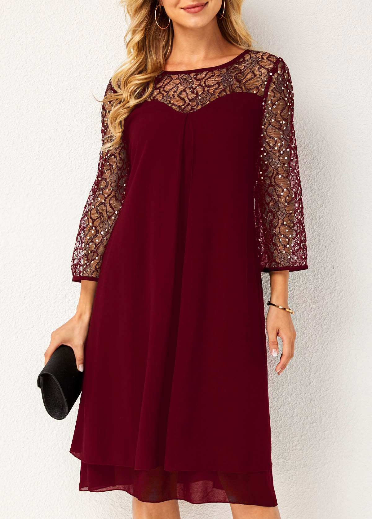 Layered Hem Lace Stitching Round Neck Dress