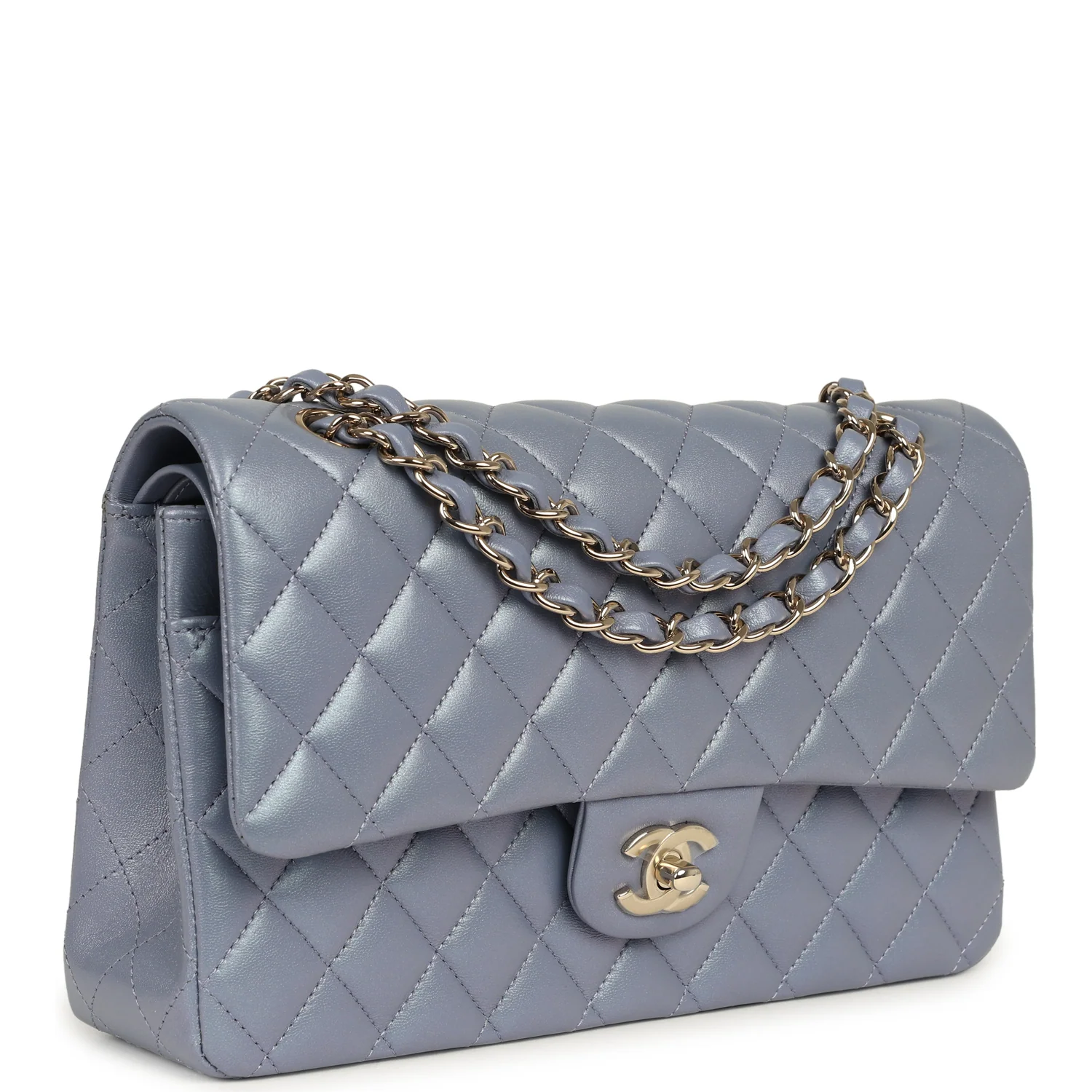 CHANEL Medium Classic Double Flap Bag Purple Iridescent Lambskin Light Gold Hardware