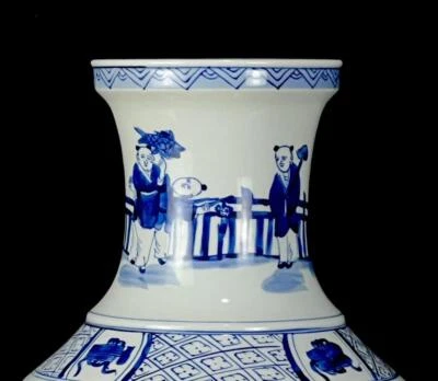 36CM Kangxi Signed Old Chinese Blue & White Porcelain Vase w/ figure CK627