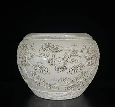 Wang Bingrong Signed Old Chinese White Glaze Brush Washer w/dragon N710