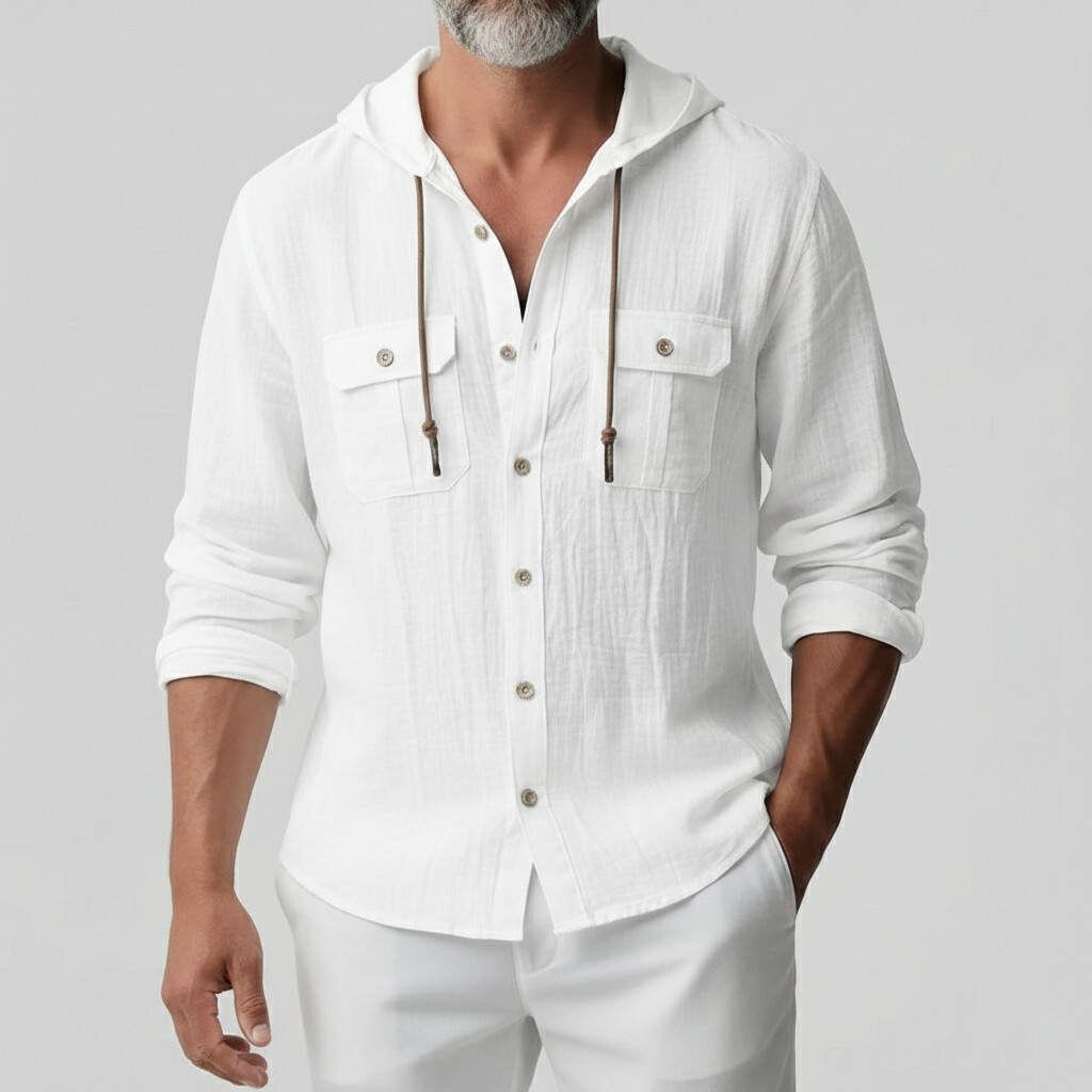 Men's Casual Drawstring Hooded Chest Pocket Single Breasted Long Sleeve Shirts