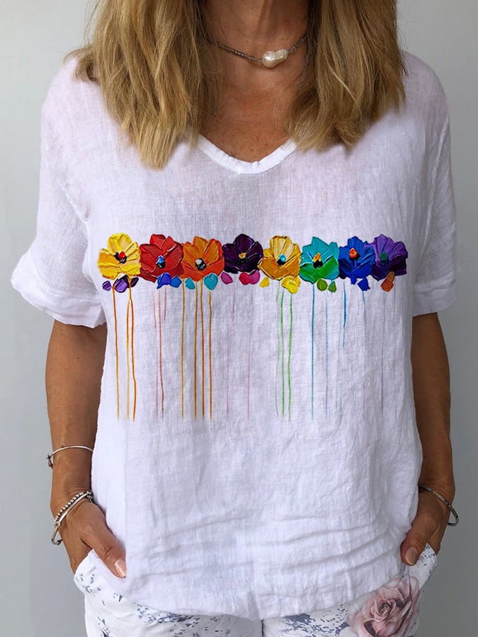 Women's Oil Painting Floral Print Casual Cotton Shirt