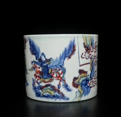 Kangxi Signed Antique Chinese Blue & White Porcelain Brush Pot w/figure