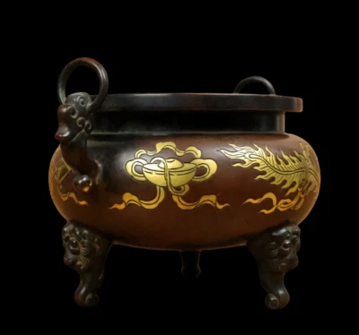 Xuande Signed Old Chinese Red Copper Handmade Incense Burner w/ear N3877