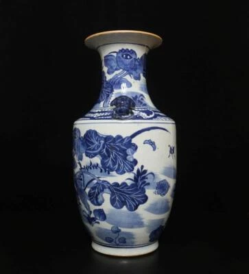 42.5CM Guangxu Singed Old Chinese Blue & White Porcelain Vase w/ louts flower