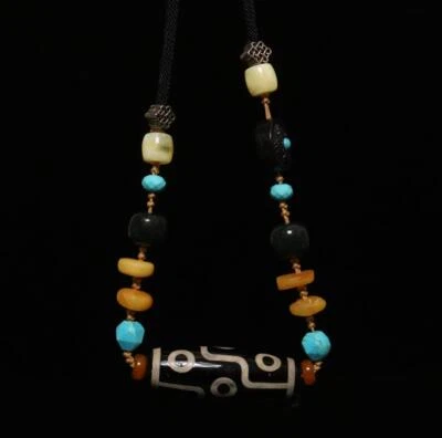 26G Old Chinese Carved Nephrite Tibet Agate Dzi Tianzhu Beads Necklace