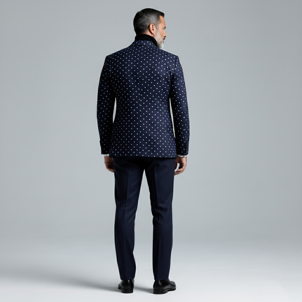Men's Retro Navy Blue Polka Dot Lapel Button Long Sleeve Blazer & Suit Pants 2Pcs Set