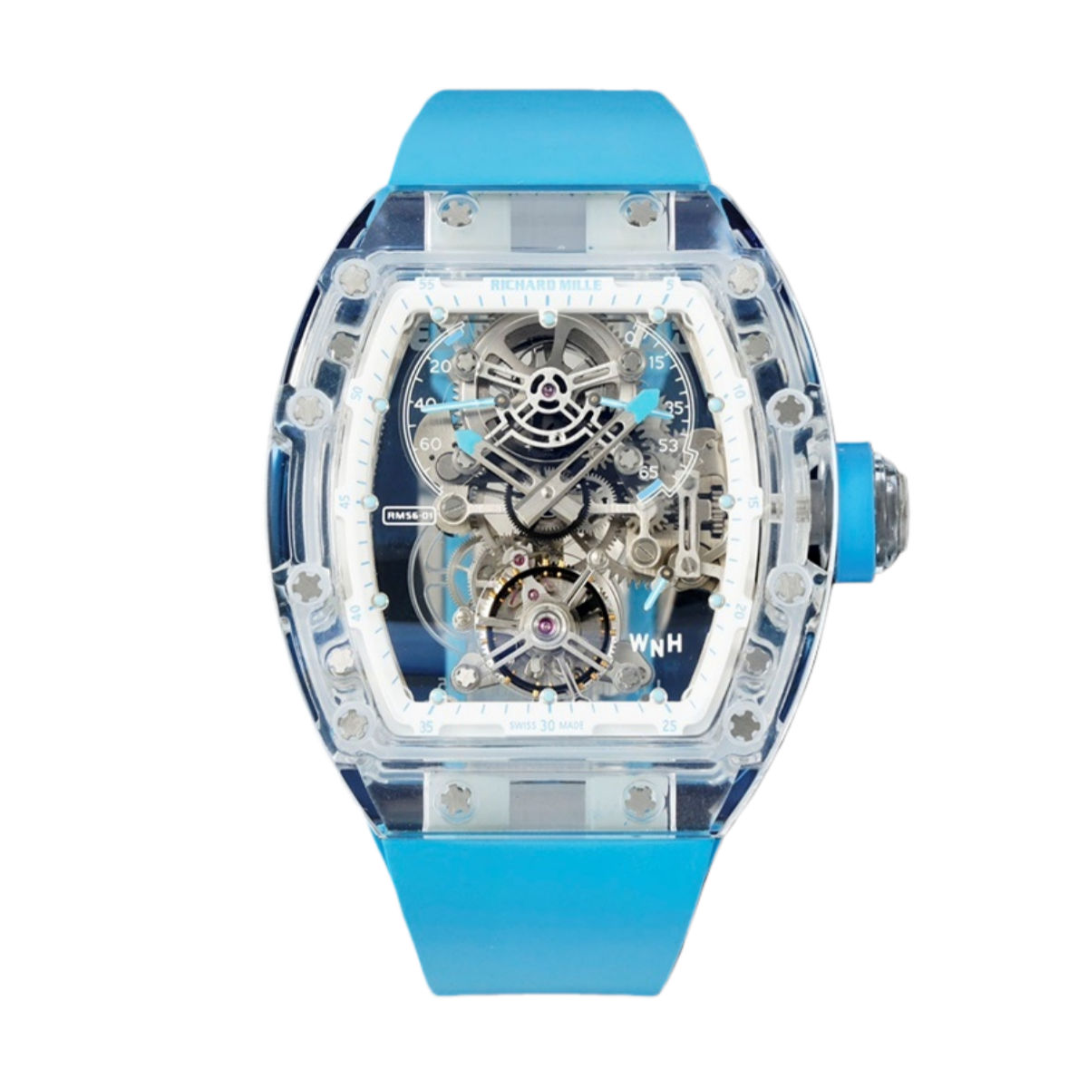 【7A Quality】Best Swiss Replica Richard Mille RM 56-01 Tourbillon Transparent Skeleton Dial Blue Strap
