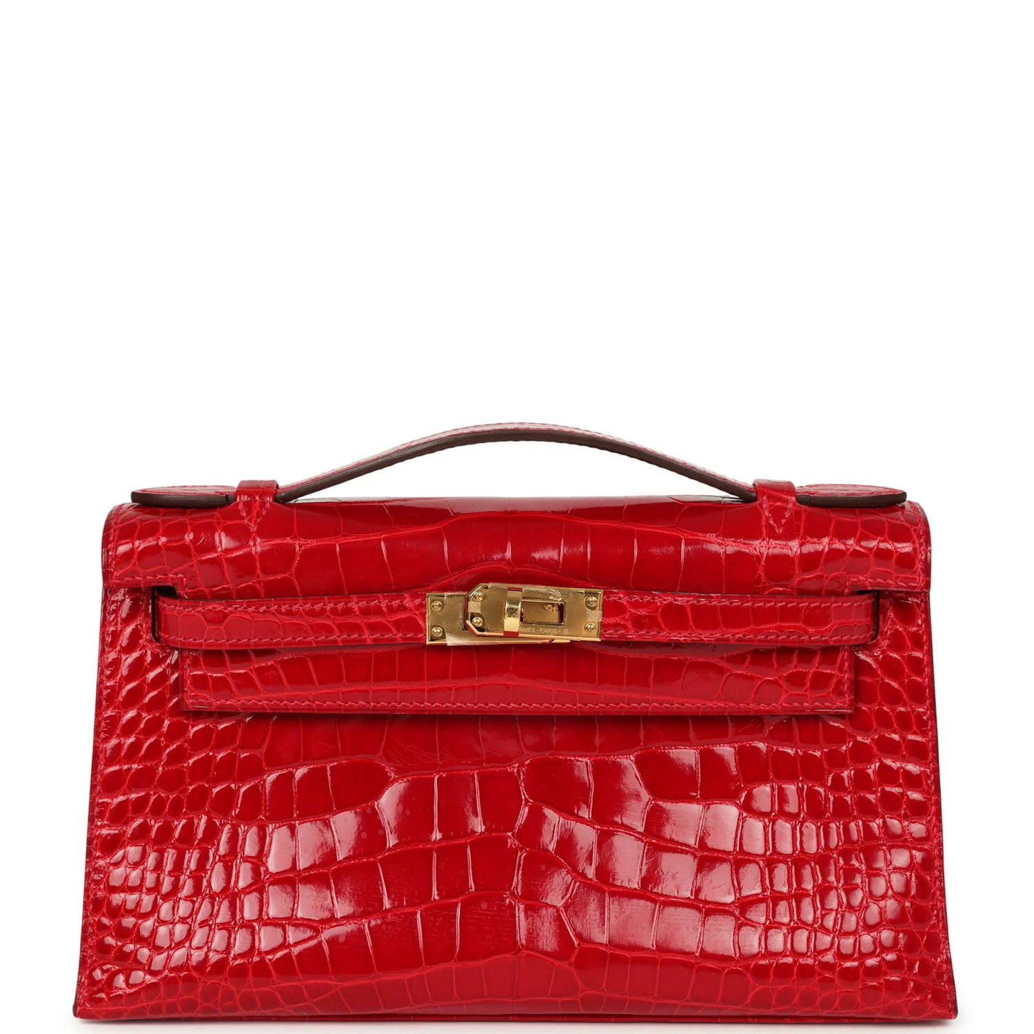 HERMÈS Kelly Pochette Braise Shiny Alligator Gold Hardware