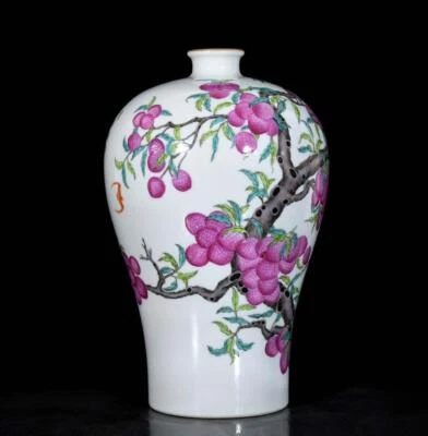 32CM Qianlong Signed Old Chinese Colour Enamel Vase W/litchi N3589