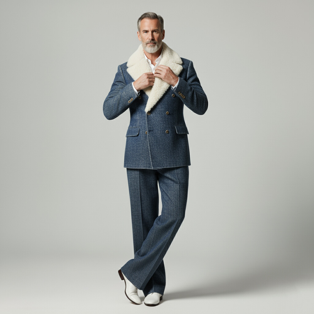 Men's Dark Blue Denim Plush Lapel Long Sleeve Double Breasted Blazer & Jeans 2 Pcs Set