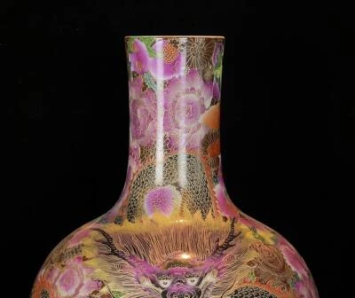 40CM Qianlong Signed Old Chinese Colour Enamel Vase W/dragon N261