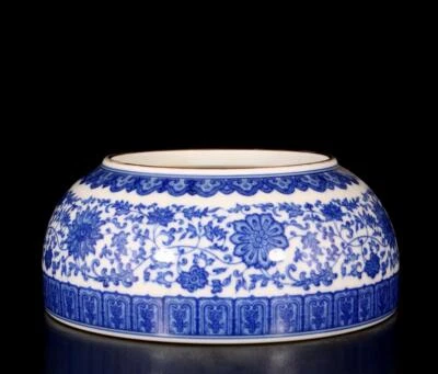 Yongzheng Signed Old Chinese Blue and White Brush Washer W/flower N1530