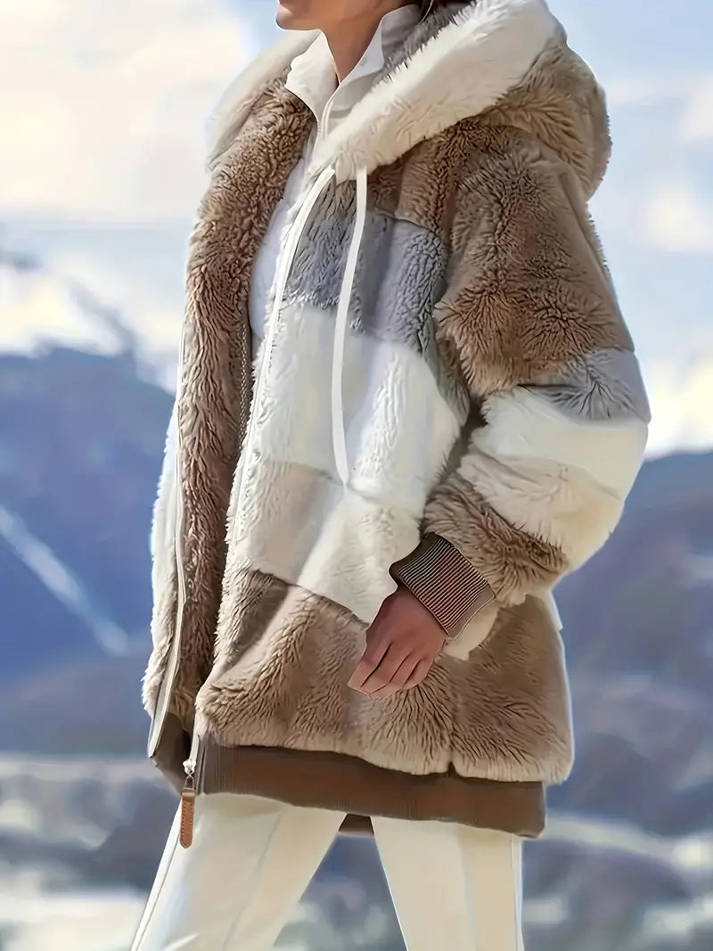 🌲 SALE🔥 Stylish Color Block Fur Jacket