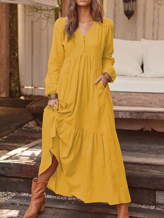 Women's Vintage Cotton Linen Long Sleeve Dress