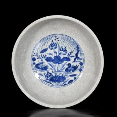 28CM Xuande Signed Old Chinese Blue and White Bowl W/duck N3487